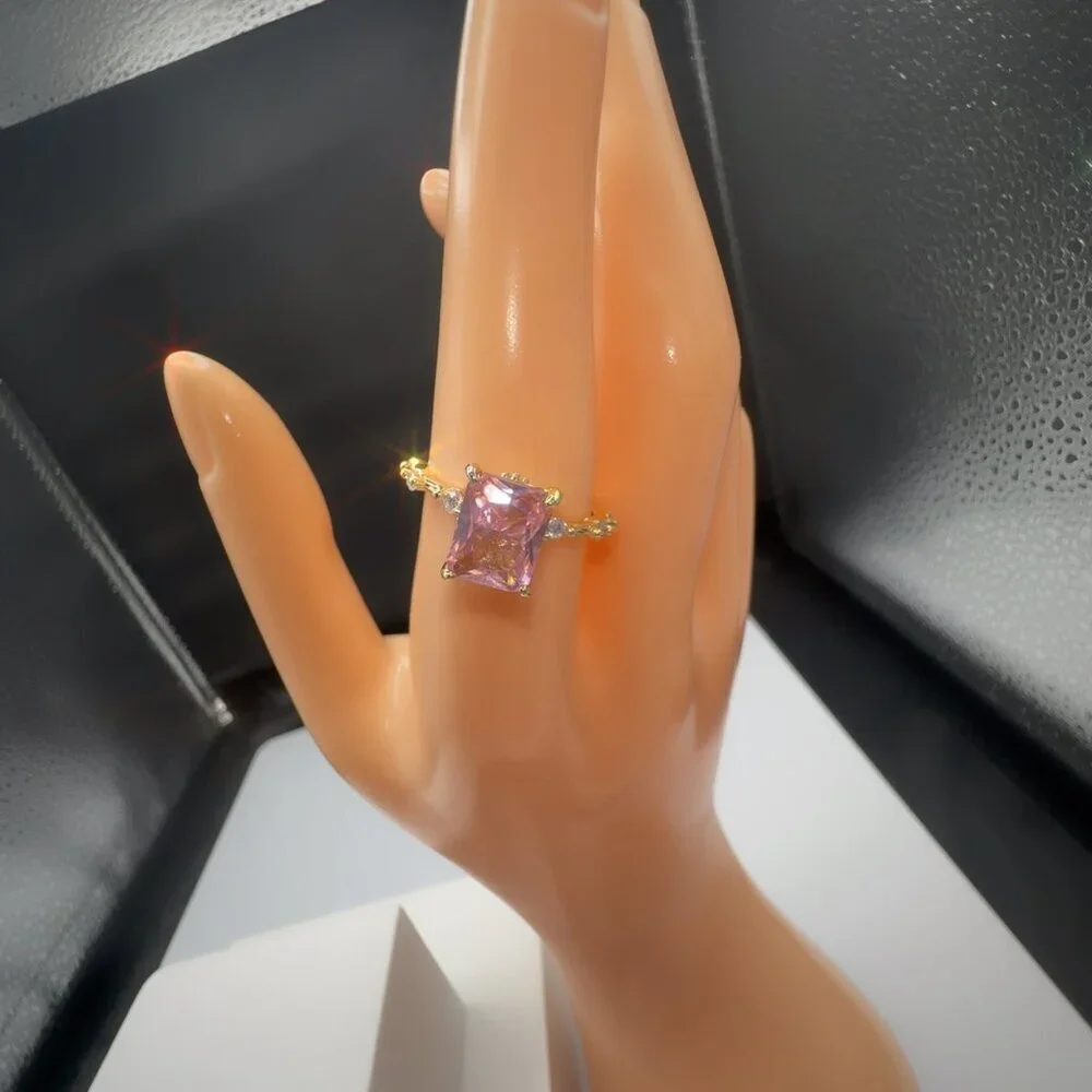 Pink Radiant-Cut Gemstone Ring With Gold-Plated Brass Band & Micro Insert Inlay